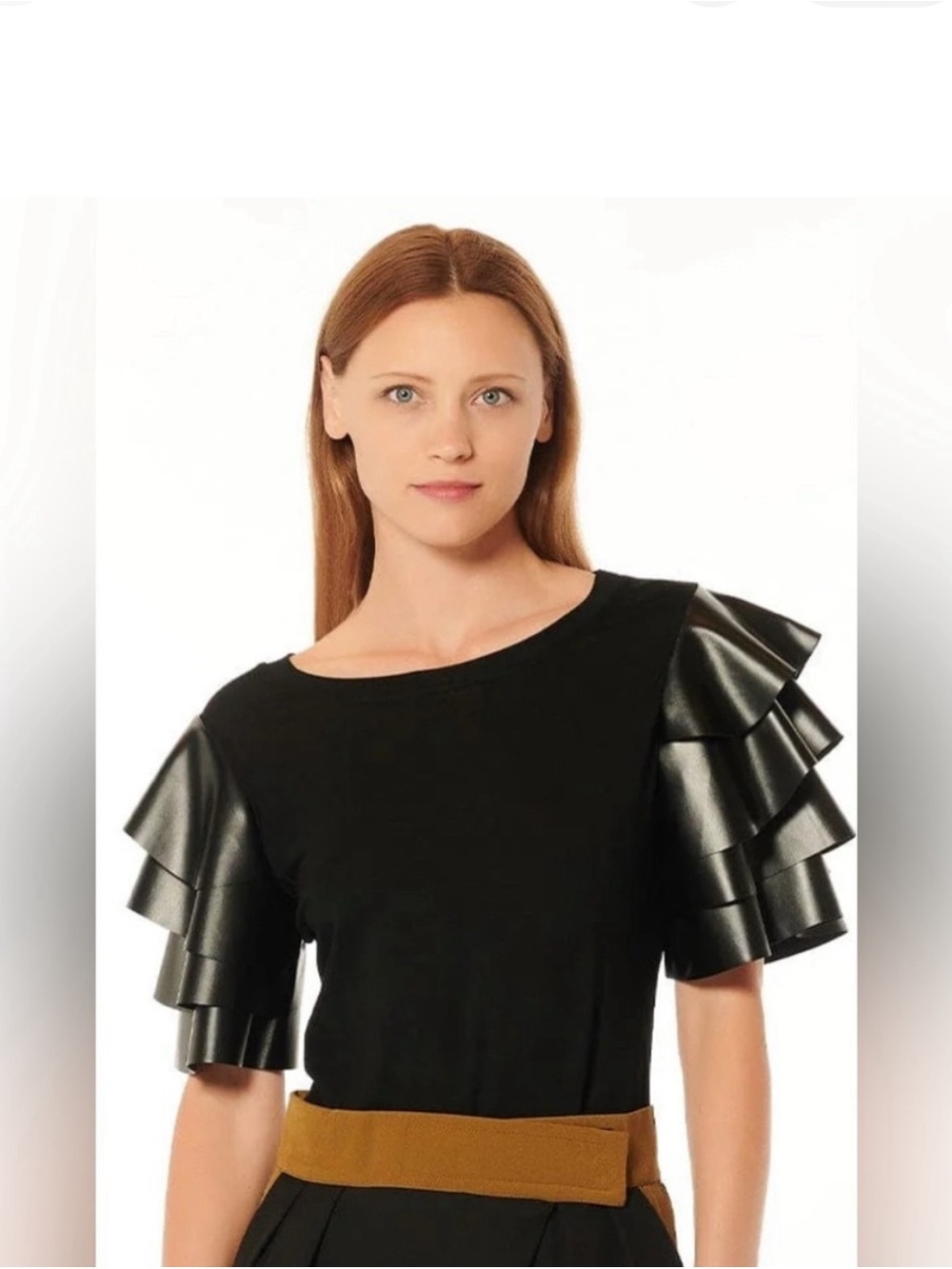 Gracia Black Ruffle Sleeve Tee with Faux-Leather Detail